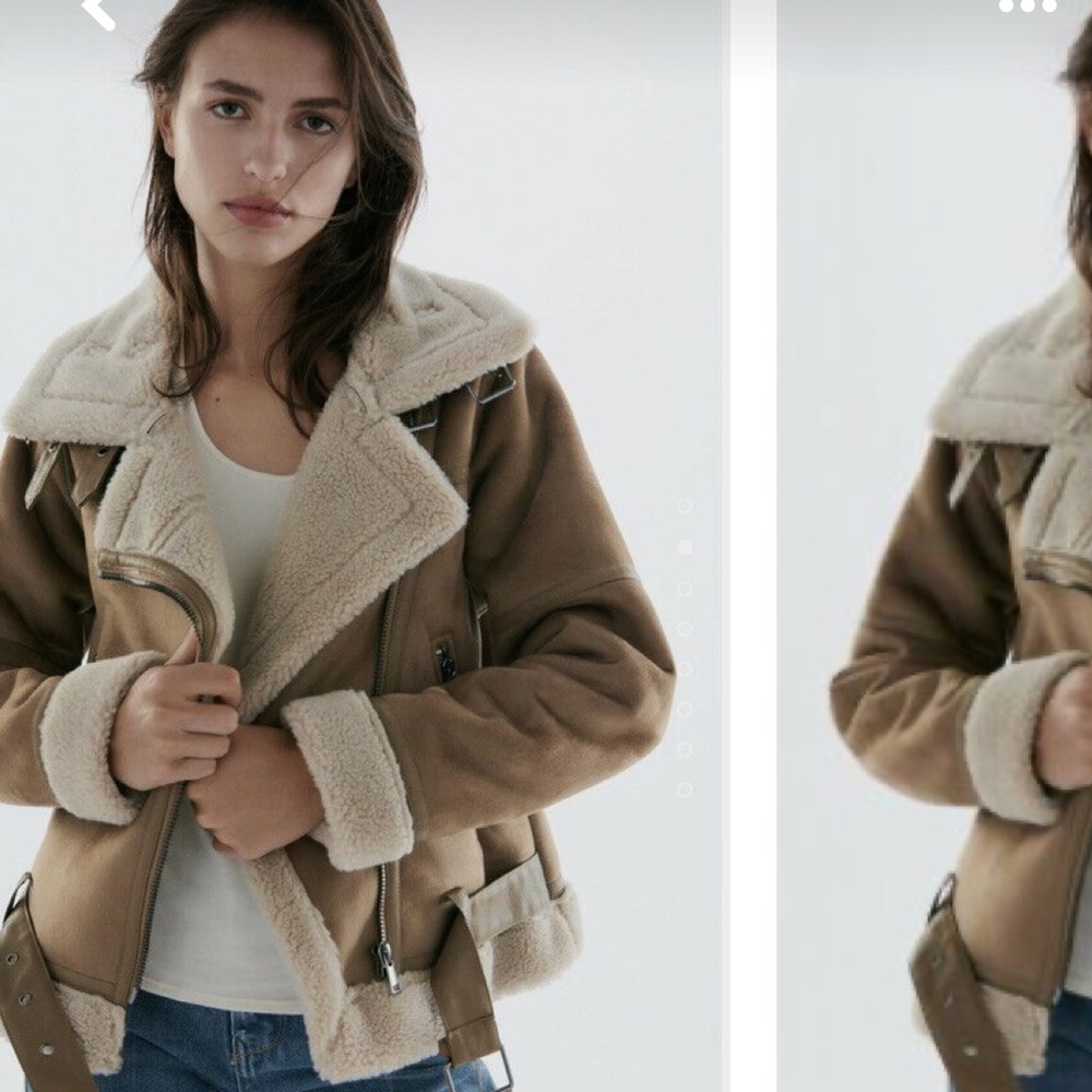 ZARA Double Faced Shearling Biker Moto Jacket Taupe